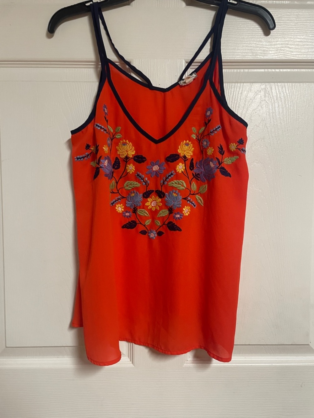 Eyeshadow Orange Floral Embroidered V-Neck Cami with Navy Trim
